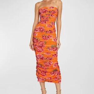 Sau Lee Farrah ruched Strapless floral Orange Dress size 6 NWOT